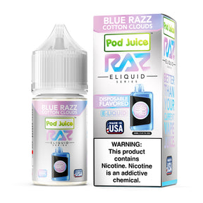 Pod Juice X RAZ Blue Razz Cotton Clouds E-Liquid, 30mL bottle with a blend of cotton candy and blueberry flavors.