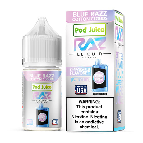 Pod Juice X RAZ Blue Razz Cotton Clouds E-Liquid, 30mL bottle with a blend of cotton candy and blueberry flavors.