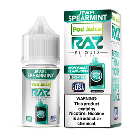 Pod Juice X RAZ Jewel Spearmint E-Liquid, 30mL bottle with refreshing spearmint and natural sweetness flavor.
