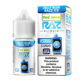 Pod Juice X RAZ Jolly Blue Razz Ice E-Liquid, 30mL bottle with blue raspberry, blue candy, and icy menthol flavors.
