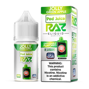 Pod Juice X RAZ Jolly Green Apple E-Liquid, 30mL bottle with sweet candy and tangy green apple flavor.