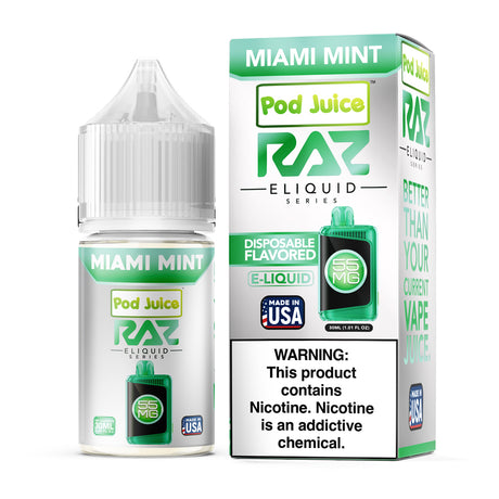 Pod Juice X RAZ Miami Mint E-Liquid, 30mL bottle with citrus, tropical fruit, and cool mint flavor.