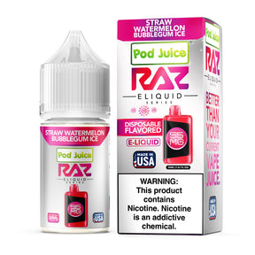 Pod Juice X RAZ Straw Watermelon Bubblegum Ice E-Liquid, 30mL bottle with watermelon, strawberry bubblegum, and icy menthol flavor.

