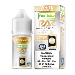 Pod Juice X RAZ White Gummy Ice E-Liquid, 30mL bottle with white gummy bear flavor and icy finish.