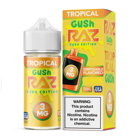 Pod Juice x RAZ Tropical Gush 100mL Freebase E-Liquid Bottle with mango, pineapple, and citrus candy blend