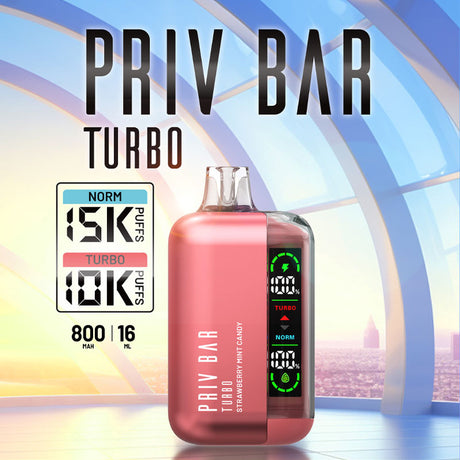 Priv Bar 15K Turbo – 15,000 puff rechargeable disposable with adjustable airflow, mesh coil, and USB-C fast charging.