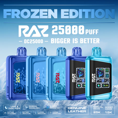 RAZ DC25000 Frozen Edition Disposable Device with icy flavors and 25,000 puffs.