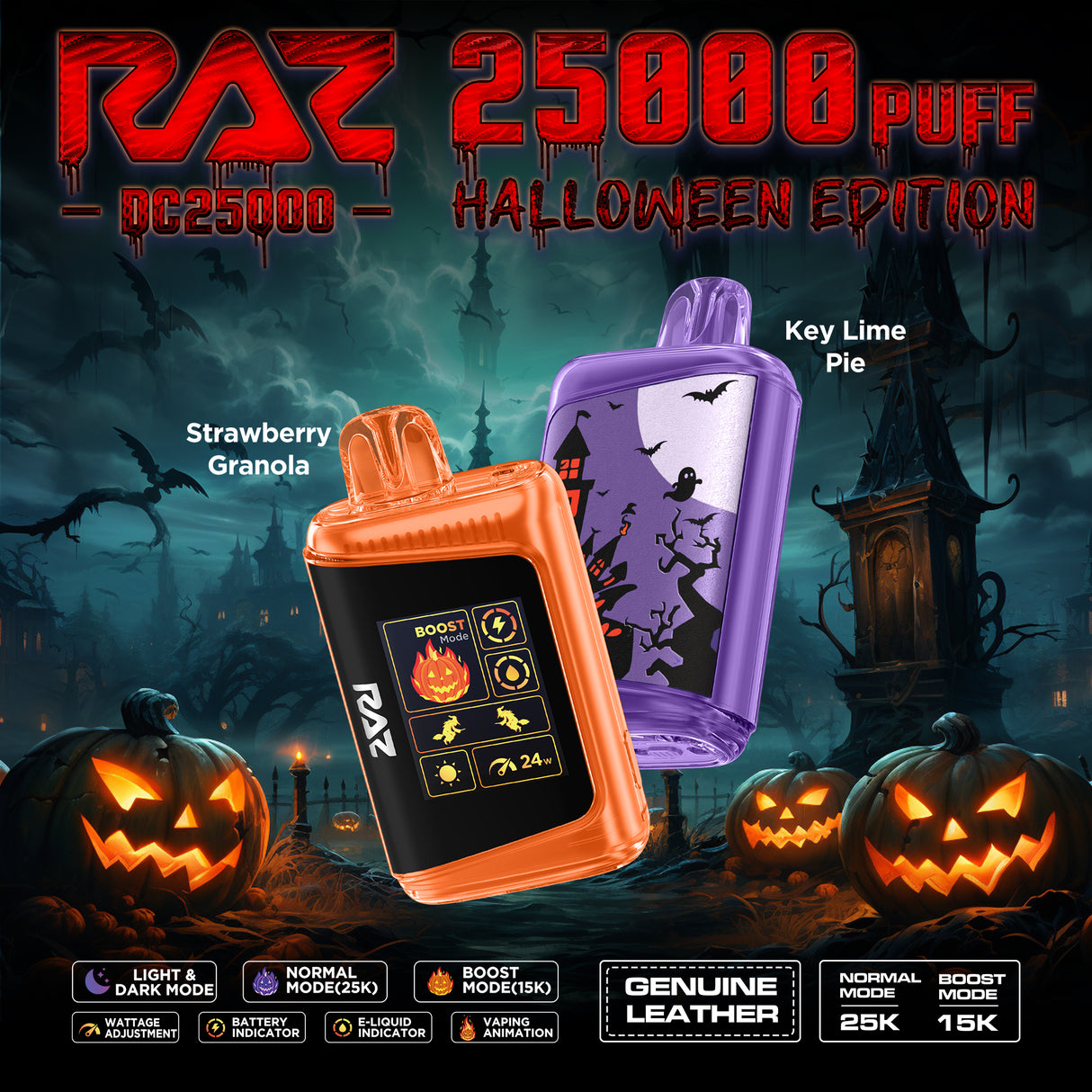RAZ DC25000 Halloween Edition Rechargeable Disposable Device with HD screen and festive flavors.