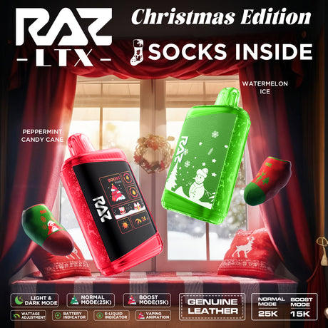 RAZ LTX DC25K Puff Christmas Edition Disposable Device featuring festive flavors, 25,000 puffs, and Mega HD screen.