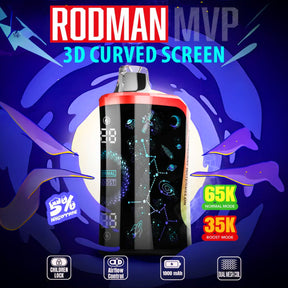 RODMAN MVP 65K device with curved LED screen showing puff count and battery