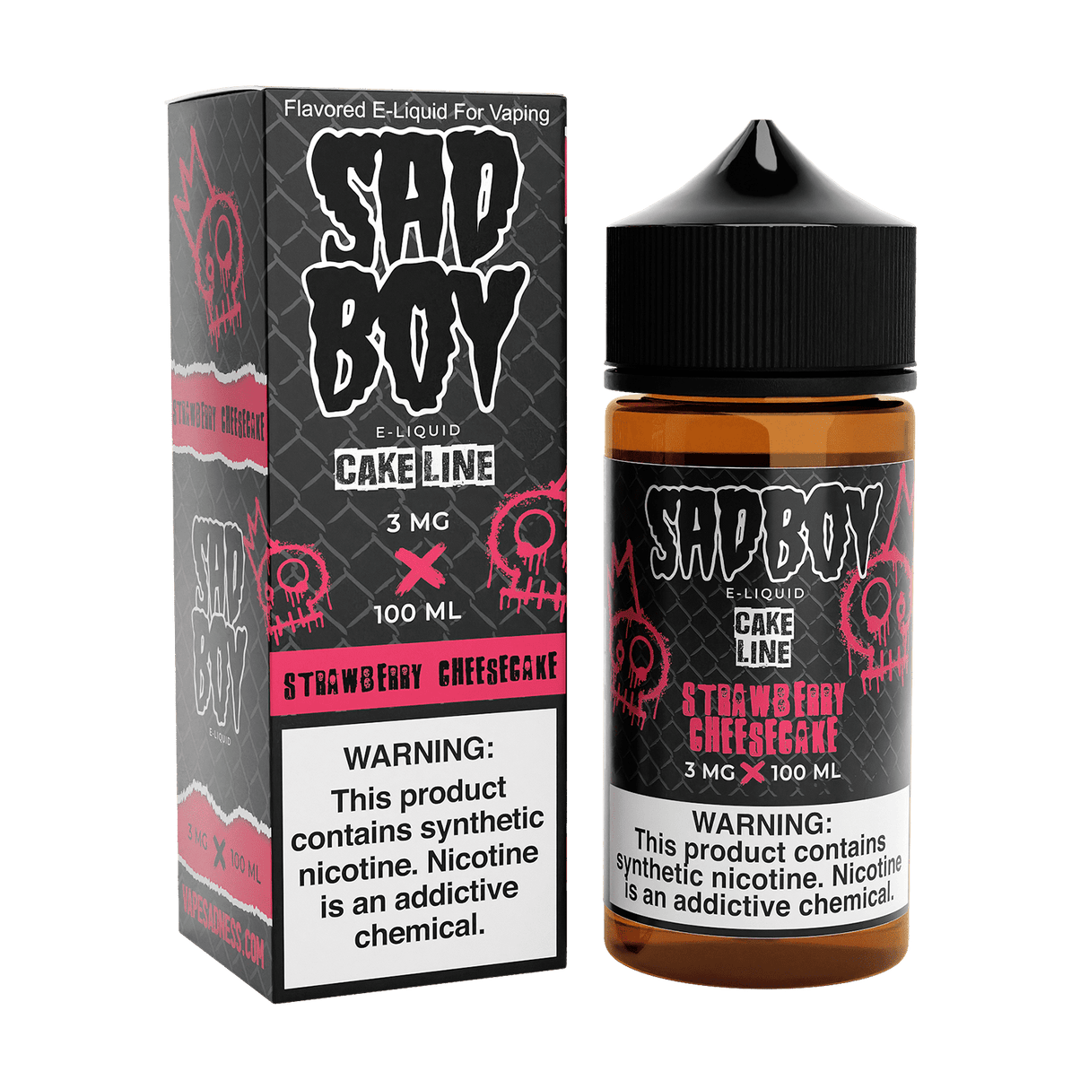 100mL bottle of SADBOY Strawberry Cheesecake e-liquid from the Cake Line Series, featuring a sweet and creamy dessert flavor with a 70/30 VG/PG ratio and available in 0mg, 3mg, and 6mg nicotine strengths.