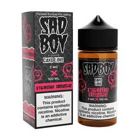 100mL bottle of SADBOY Strawberry Cheesecake e-liquid from the Cake Line Series, featuring a sweet and creamy dessert flavor with a 70/30 VG/PG ratio and available in 0mg, 3mg, and 6mg nicotine strengths.