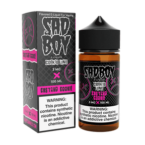 100mL bottle of SADBOY Custard Cookie e-liquid, featuring a dessert-inspired blend of buttery cookies and creamy custard. Available in 0mg, 3mg, or 6mg nicotine strengths with a high VG formula for dense cloud production.