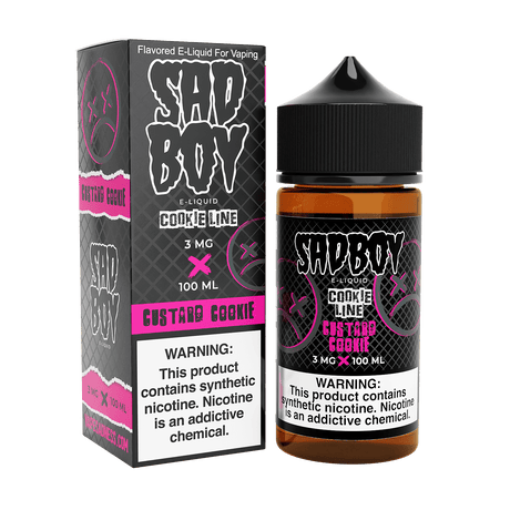 100mL bottle of SADBOY Custard Cookie e-liquid, featuring a dessert-inspired blend of buttery cookies and creamy custard. Available in 0mg, 3mg, or 6mg nicotine strengths with a high VG formula for dense cloud production.