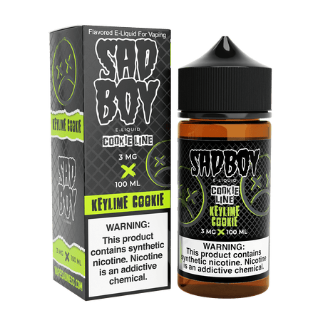 Sadboy E-Liquid Keylime Cookie 100mL bottle with citrus key lime and buttery cookie flavor, available in multiple nicotine strengths, 70/30 VG/PG blend for smooth clouds.