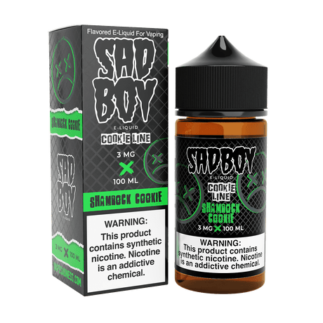 Sadboy Shamrock Cookie E-Liquid 100mL bottle, dessert-flavored e-juice with buttery cookie and mint milkshake blend, available in multiple nicotine strengths.