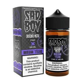 SadBoy E-Liquid Unicorn Tears 100mL bottle featuring premium dessert-flavored e-juice with a buttery cookie base and a hint of citrus, available in various nicotine strengths.