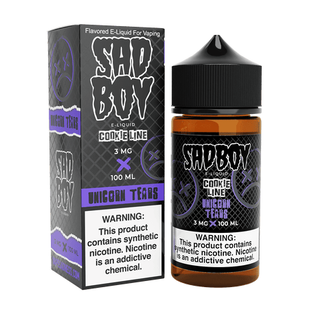 SadBoy E-Liquid Unicorn Tears 100mL bottle featuring premium dessert-flavored e-juice with a buttery cookie base and a hint of citrus, available in various nicotine strengths.