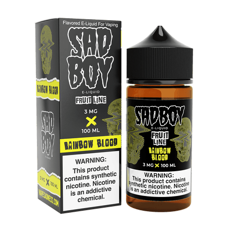 SADBOY Rainbow Blood E-Liquid 100mL bottle – Tropical fruit blend with synthetic nicotine, available in 0mg, 3mg, and 6mg strengths. High VG formula for dense vapor and smooth draws.