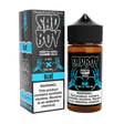 adboy E-Liquid Happy End Blue 100mL bottle with cotton candy flavor, available in 0mg, 3mg, and 6mg nicotine strengths, perfect for smooth hits and dense vapor clouds.