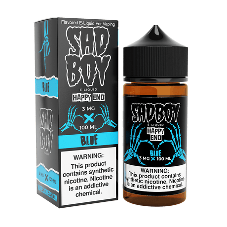 adboy E-Liquid Happy End Blue 100mL bottle with cotton candy flavor, available in 0mg, 3mg, and 6mg nicotine strengths, perfect for smooth hits and dense vapor clouds.