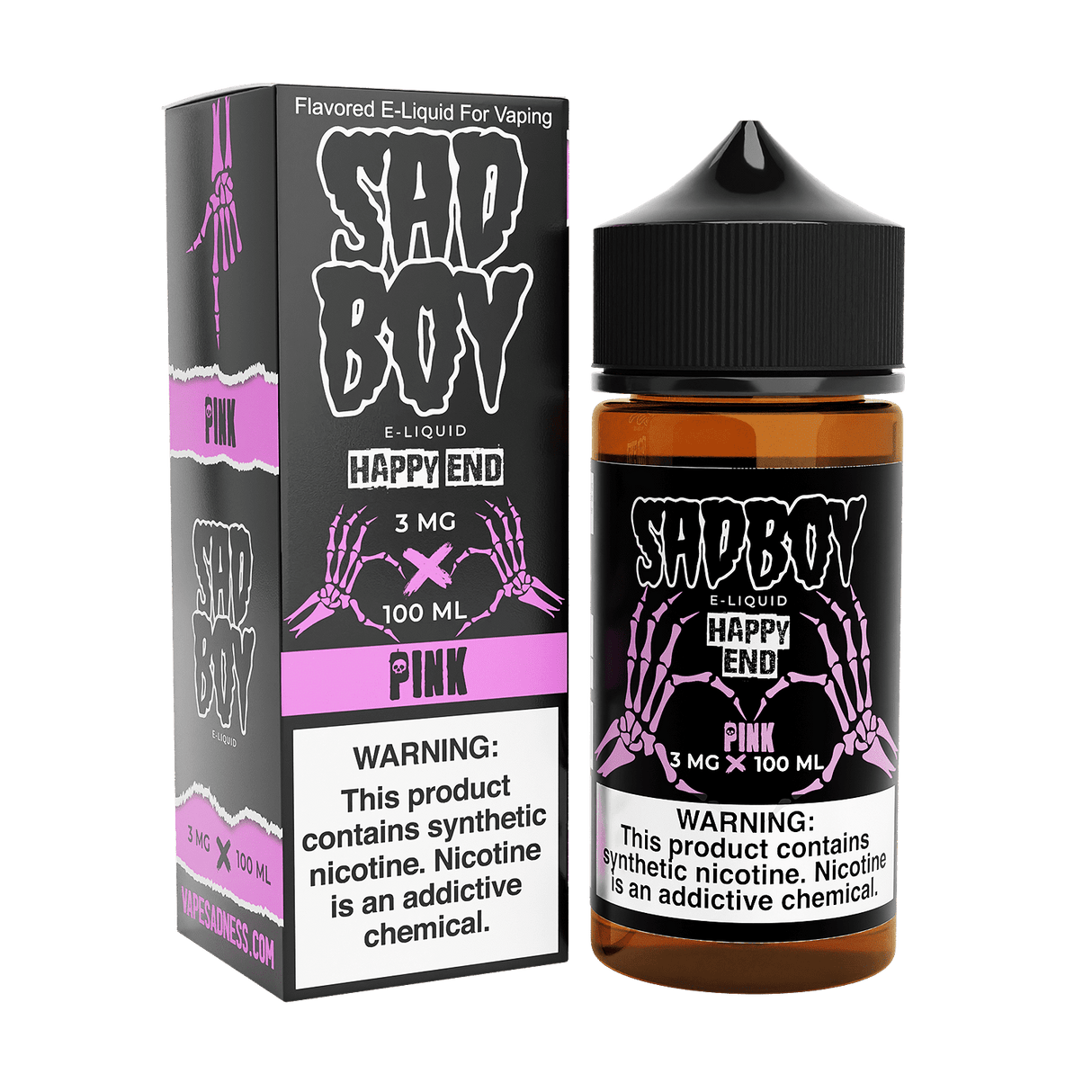 Sadboy Happy End Pink E-Liquid 100mL bottle with cotton candy and red berry flavor, premium synthetic nicotine, 70% VG for thick clouds.