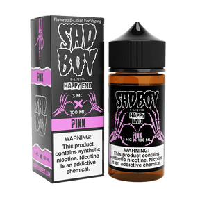 Sadboy Happy End Pink E-Liquid 100mL bottle with cotton candy and red berry flavor, premium synthetic nicotine, 70% VG for thick clouds.