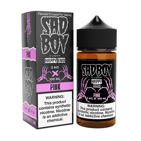 Sadboy Happy End Pink E-Liquid 100mL bottle with cotton candy and red berry flavor, premium synthetic nicotine, 70% VG for thick clouds.