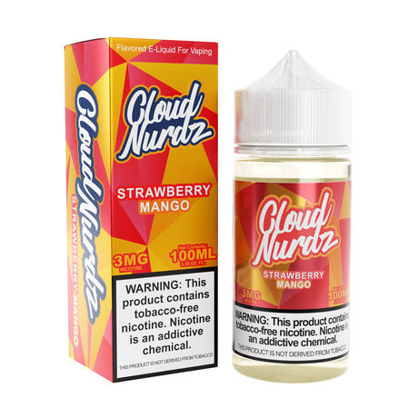 Cloud Nurdz Strawberry Mango 100ML E-Liquid bottle featuring sweet strawberry and mango flavors