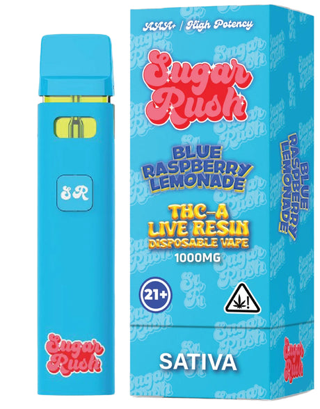 Sugar Rush THC-A Live Resin Disposable in Blue Raspberry Lemonade Sativa, featuring a tangy blue raspberry and citrus-infused flavor with uplifting effects.