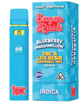 Sugar Rush THC-A Live Resin Disposable in Blueberry Marshmallow Indica, delivering a rich blueberry flavor with creamy marshmallow undertones for deep relaxation.