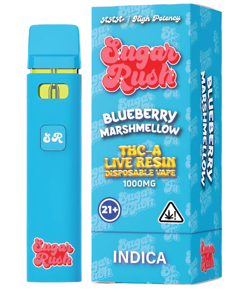 Sugar Rush THC-A Live Resin Disposable in Blueberry Marshmallow Indica, delivering a rich blueberry flavor with creamy marshmallow undertones for deep relaxation.