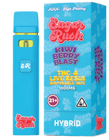 Sugar Rush THC-A Live Resin Disposable in Kiwi Berry Blast Hybrid, offering a tropical kiwi and mixed berry blend with balanced relaxation and uplifting effects.