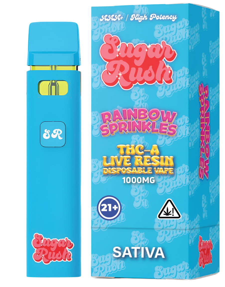 Rush THC-A Live Resin Disposable in Rainbow Sprinkles Sativa, combining fruity and sweet candy flavors with energizing, mood-boosting effects.
