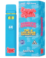 Rush THC-A Live Resin Disposable in Rainbow Sprinkles Sativa, combining fruity and sweet candy flavors with energizing, mood-boosting effects.
