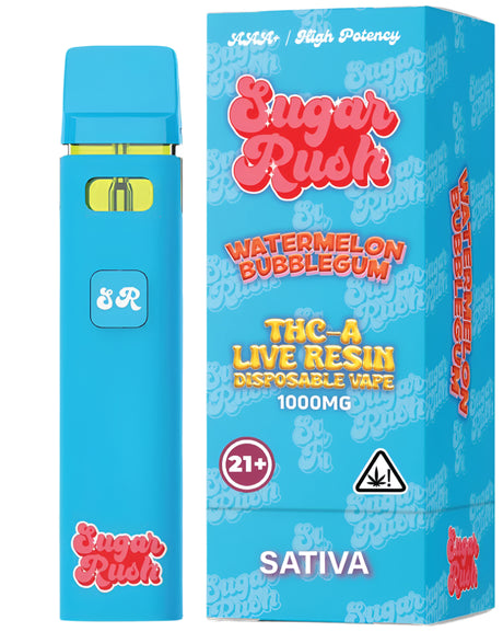 Sugar Rush THC-A Live Resin Disposable in Watermelon Bubblegum Sativa, blending juicy watermelon with classic bubblegum flavor for a refreshing, uplifting experience.
