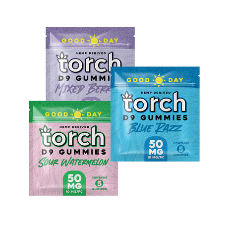 Torch Good Day Delta-9 Gummies featuring Sativa-infused flavors Sour Watermelon, Mixed Berries, and Blue Razz with 10mg THC per gummy.