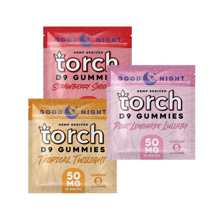 Torch Good Night Delta-9 Gummies featuring 10mg THC per gummy in flavors Pink Lemonade Lullaby, Strawberry Snoozzze, and Tropical Twilight.