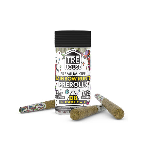 TRE House Rainbow Runtz Delta 8 Pre-Rolls featuring 5 kief-coated pre-rolls with premium Delta 8 infused hemp flower.