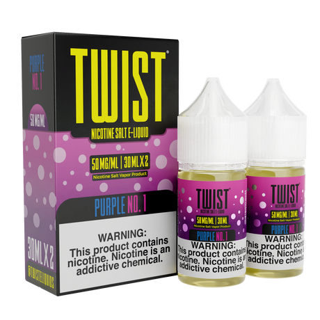 TWIST Nicotine Salt Purple No. 1 – 60mL e-liquid featuring a refreshing mix of ripe blueberries and tart lemonade.