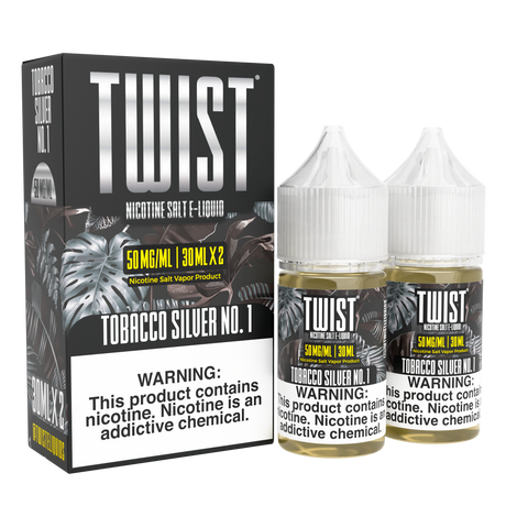 TWIST Nicotine Salt Tobacco Silver No. 1 – 60mL e-liquid with a smooth, light-bodied tobacco flavor and subtle sweetness.