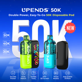 Upends UP9 50K Disposable Kit with dual battery, transparent tank, and 3D screen for battery and juice levels