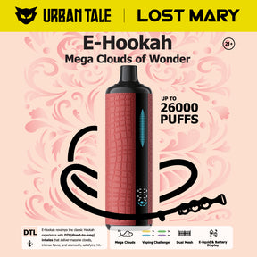 Urban Tale x Lost Mary E-Hookah Device featuring 26,000 puffs, dual mesh coils, rechargeable battery, and luxurious design.