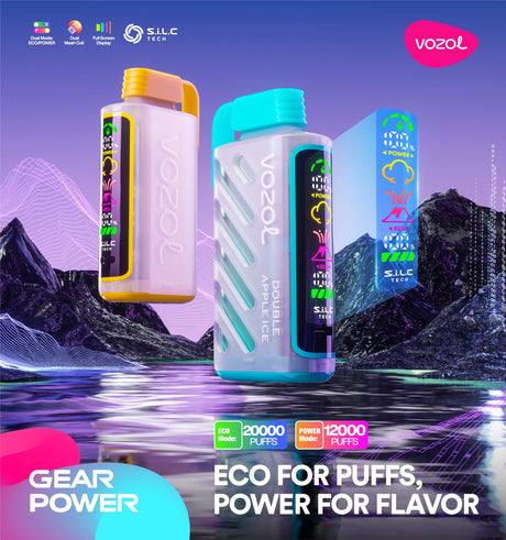 VOZOL Gear Power 20K Disposable Device featuring 20,000 puffs, full-screen display, and dual mesh coil technology.