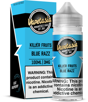Vapetasia Killer Fruits Blue Razz 100ml e-liquid bottle with blue raspberry flavor