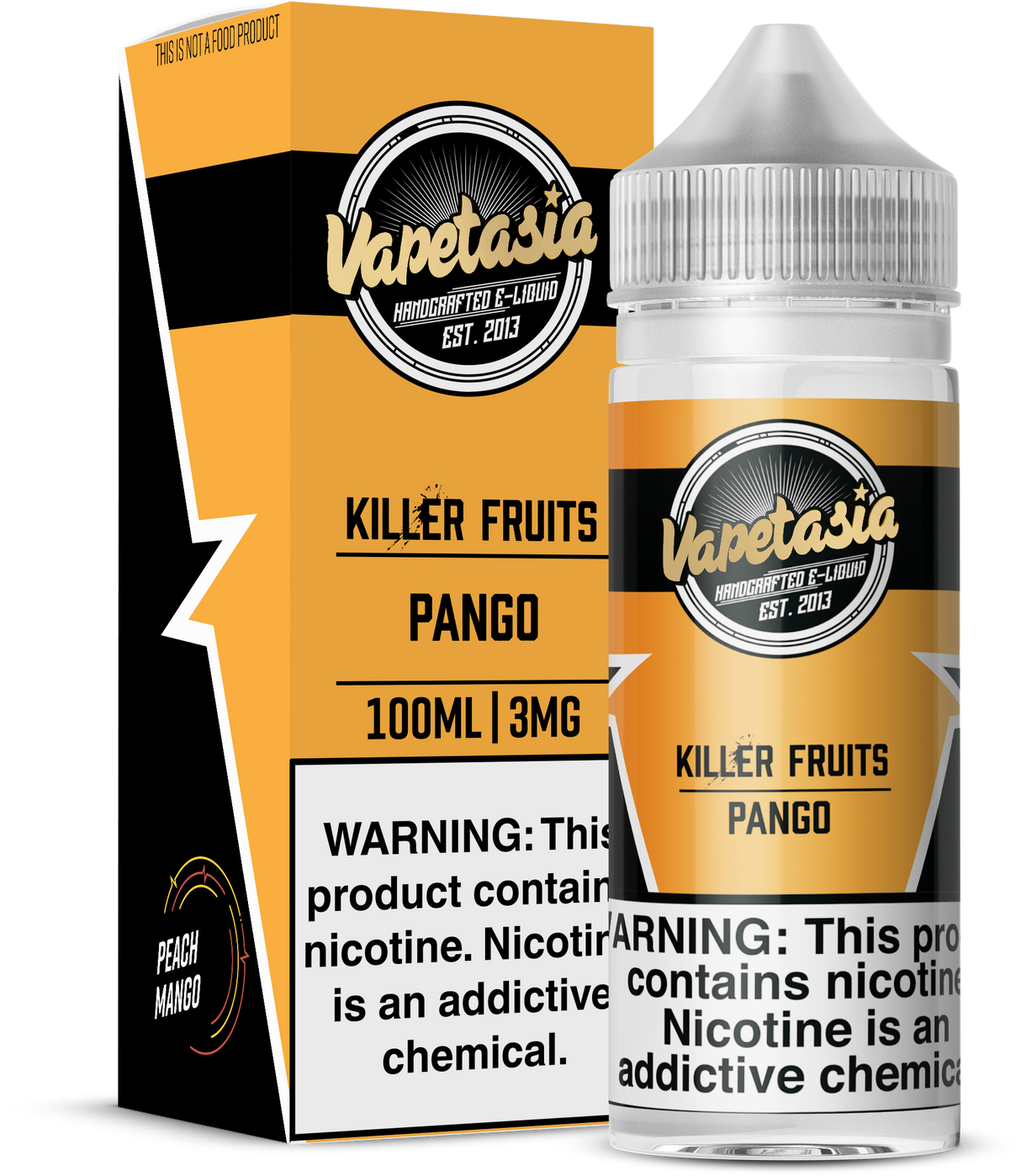 Vapetasia Killer Fruits Pango 100ml bottle with tropical peach and mango flavors