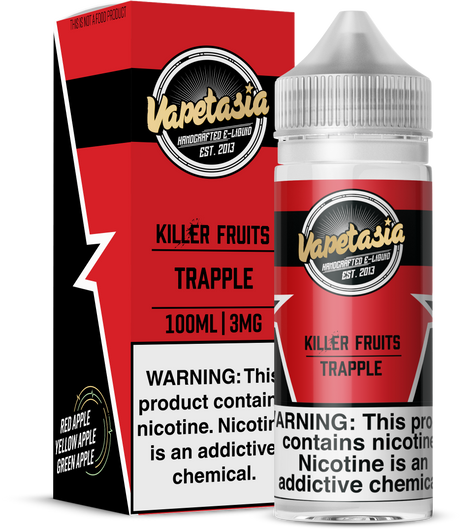 Vapetasia Killer Fruits Trapple 100ml e-liquid bottle with red, green, and golden apple flavors