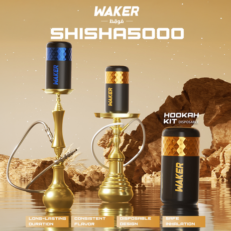 WAKER Shisha 5000 E-Hookah powered by YOOZ, featuring a sleek design, 5000 puff capacity, and ambient lighting.