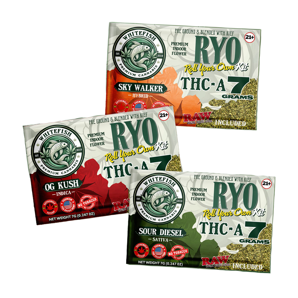 WHITEFISH RYO Kit – 7g of pre-ground THC-A flower with kief and Raw papers.

