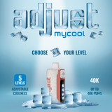 Close-up of adjust MyCool Disposable Device with 20mL e-liquid and adjustable settings